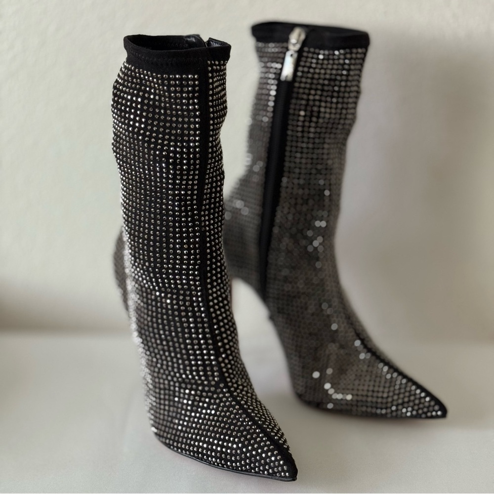 NEW! SCHUTZ Sybil Studded Point Toe High Heel Black Rhinestone Embellished Boots - Picture 8 of 12